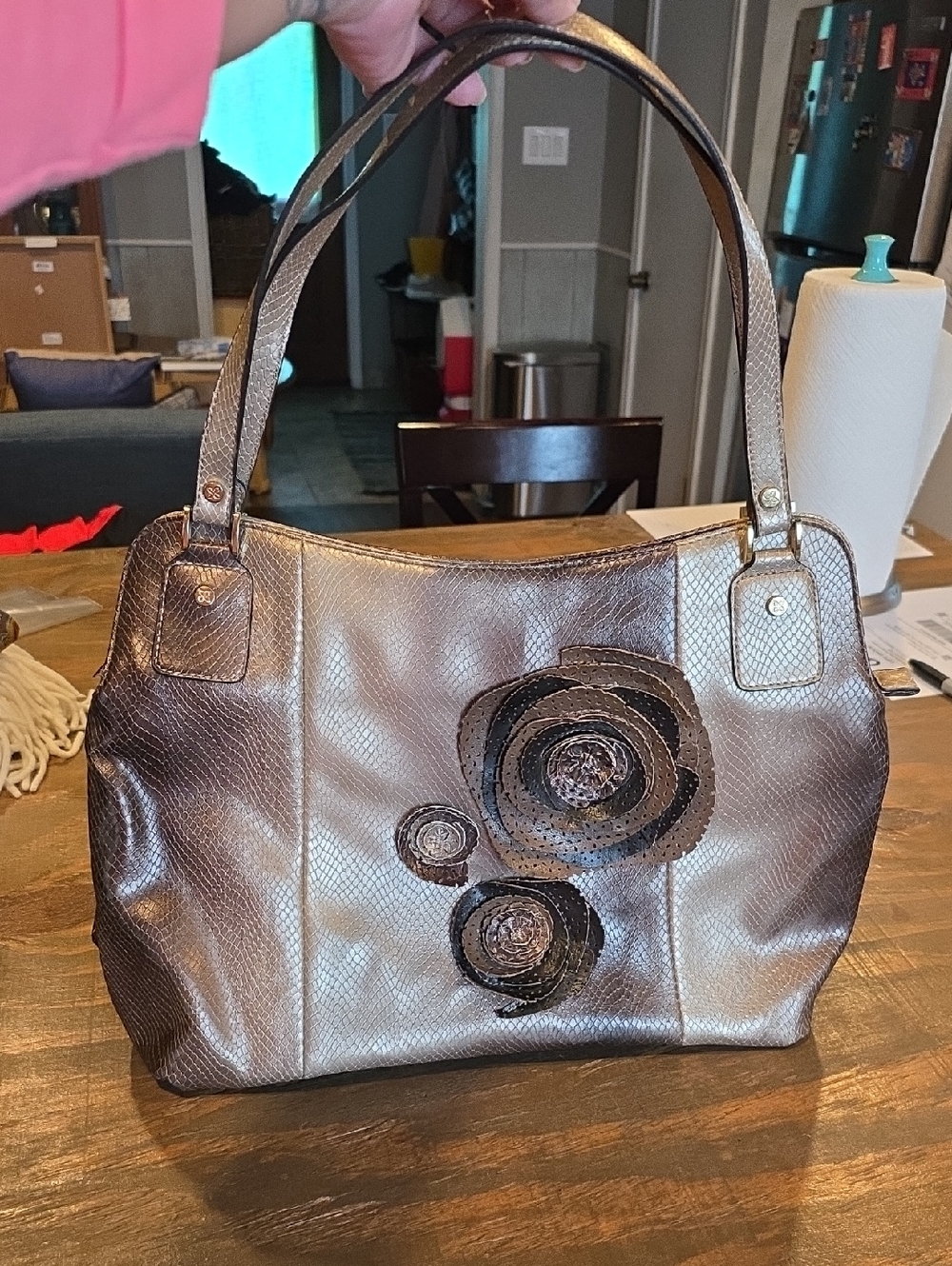 Relic Metallic Bronze Floral Applique Shoulder Bag